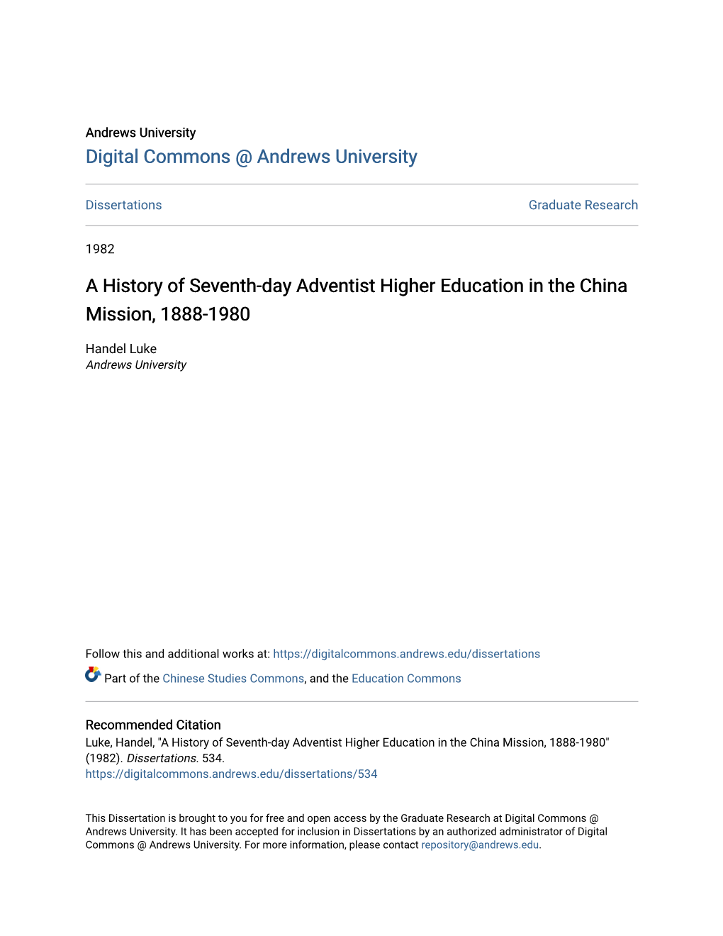 A History of Seventh-Day Adventist Higher Education in the China Mission, 1888-1980