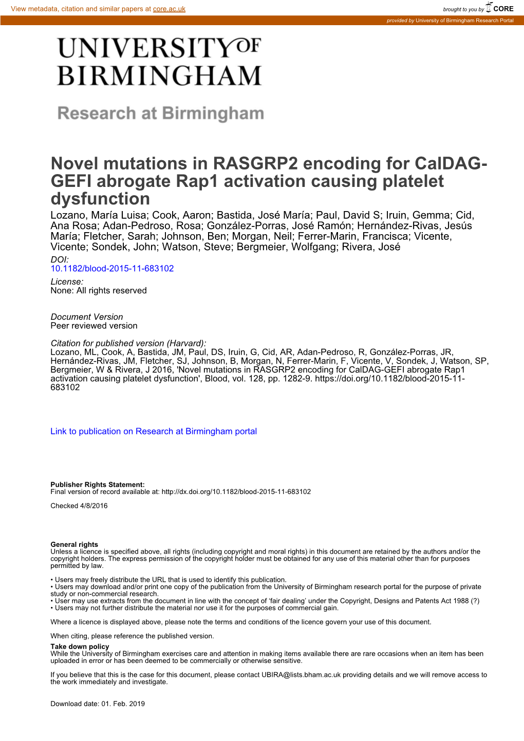 Novel Mutations in RASGRP2 Encoding for Caldag- GEFI