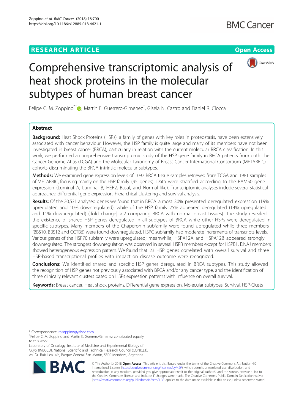 Comprehensive Transcriptomic Analysis of Heat Shock Proteins in the Molecular Subtypes of Human Breast Cancer Felipe C