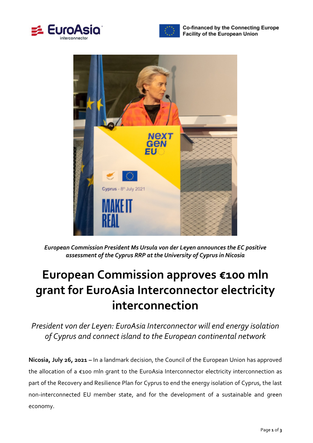 European Commission Approves €100 Mln Grant for Euroasia Interconnector Electricity Interconnection