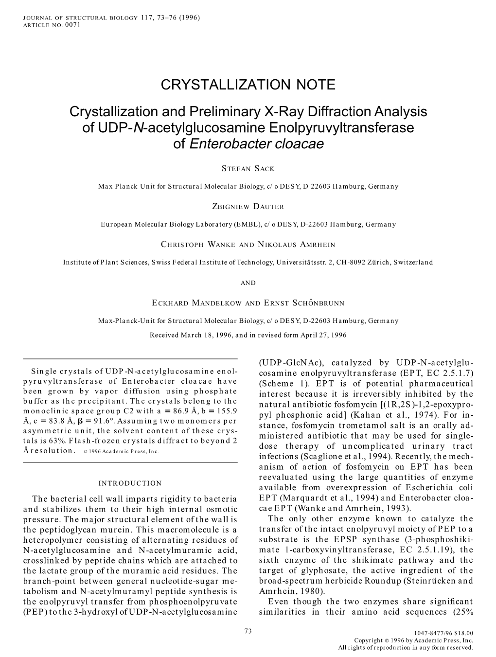 Crystallization and Preliminary X-Ray Diffraction Analysis of UDP-N-Acetylglucosamine Enolpyruvyltransferase of Enterobacter Cloacae