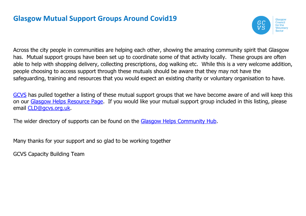 Glasgow Mutual Support Groups Around Covid19