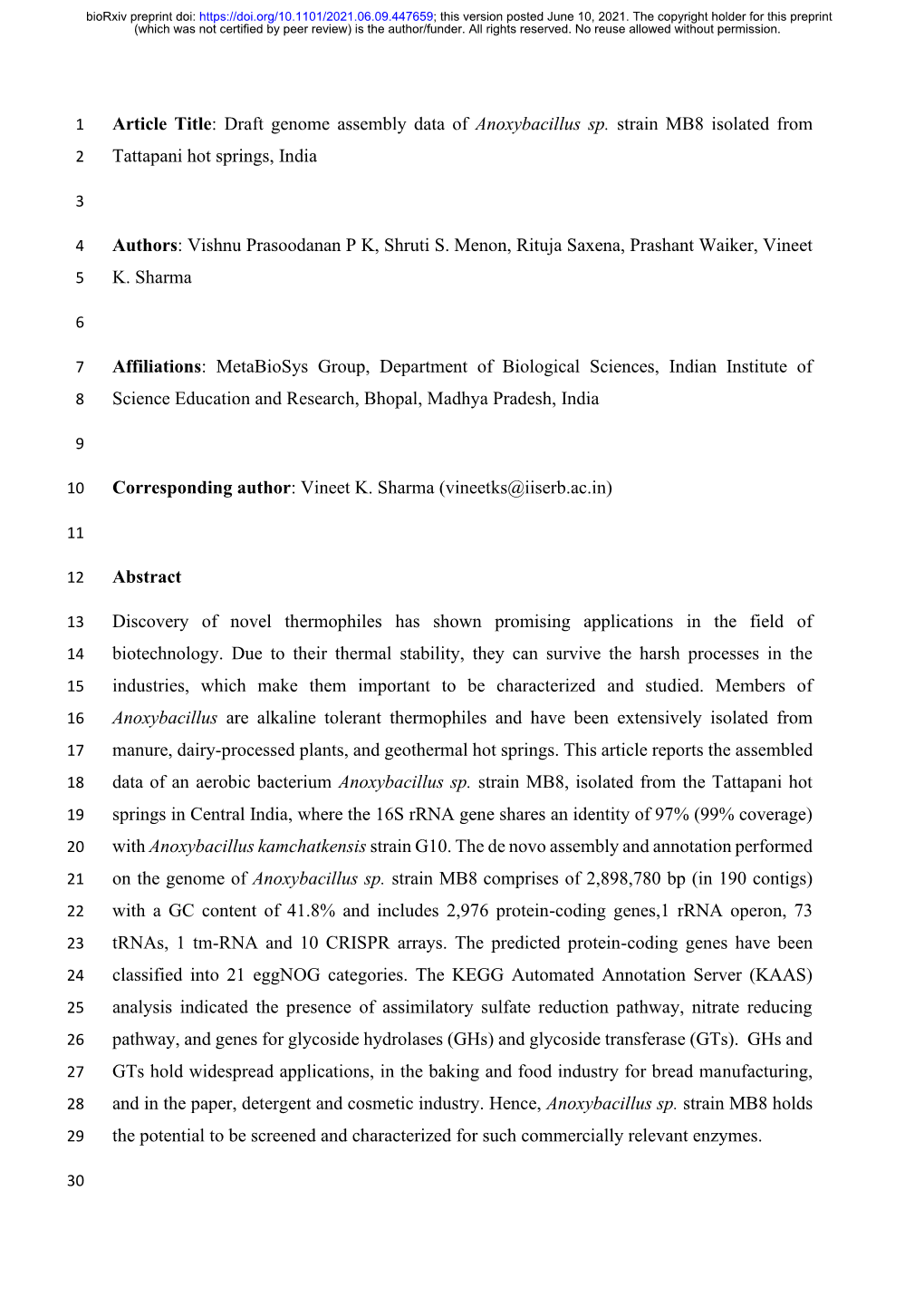 Draft Genome Assembly Data of Anoxybacillus Sp. Strain MB8 Isolated from 2 Tattapani Hot Springs, India