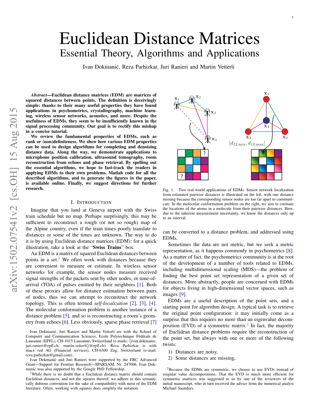 Euclidean Distance Matrices Essential Theory, Algorithms and Applications Ivan Dokmanic,´ Reza Parhizkar, Juri Ranieri and Martin Vetterli