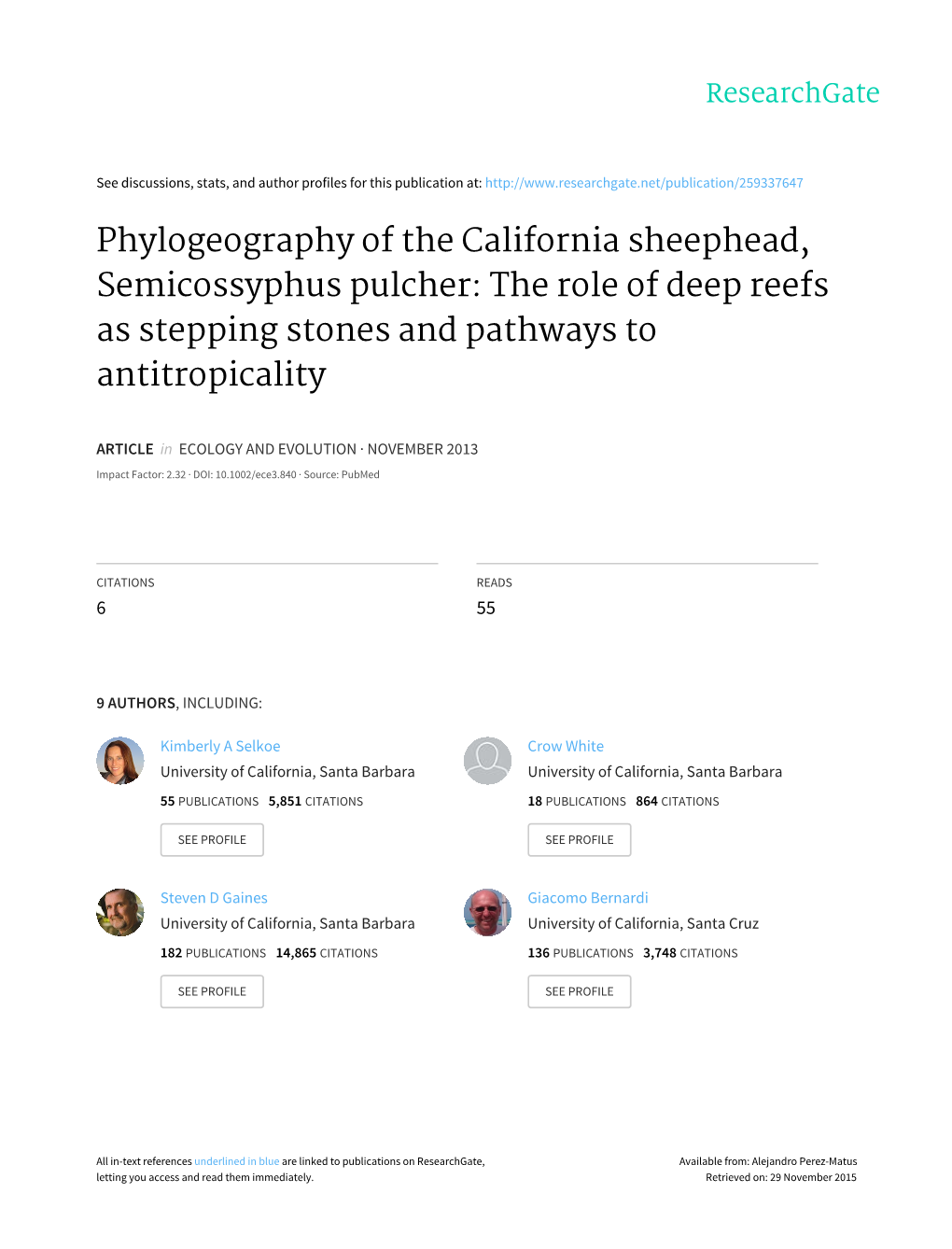 Phylogeography of the California Sheephead, Semicossyphus Pulcher: the Role of Deep Reefs As Stepping Stones and Pathways to Antitropicality