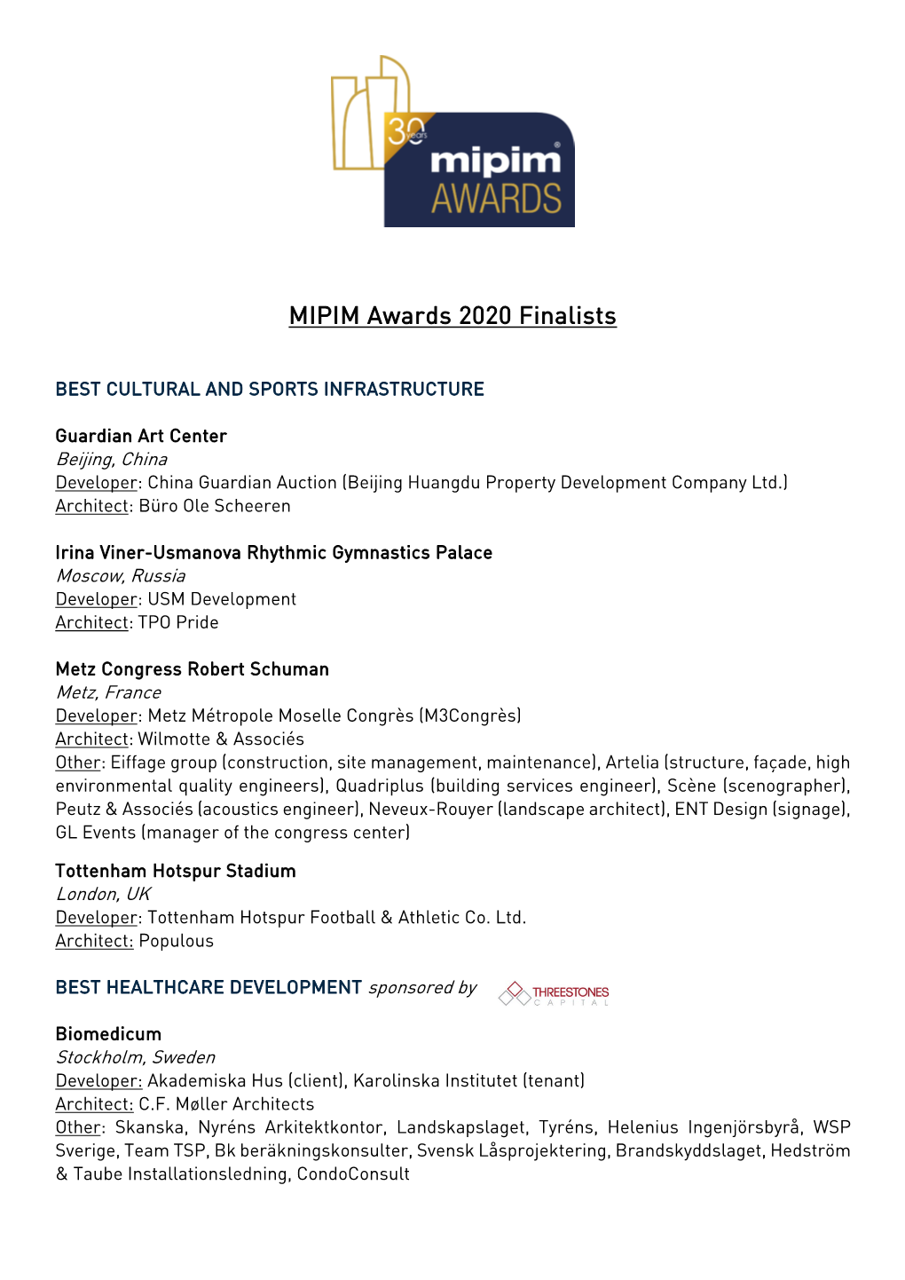 MIPIM Awards 2020 Finalists