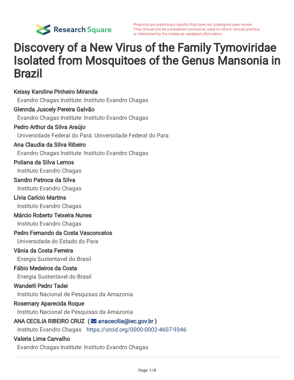 Discovery of a New Virus of the Family Tymoviridae Isolated from Mosquitoes of the Genus Mansonia in Brazil