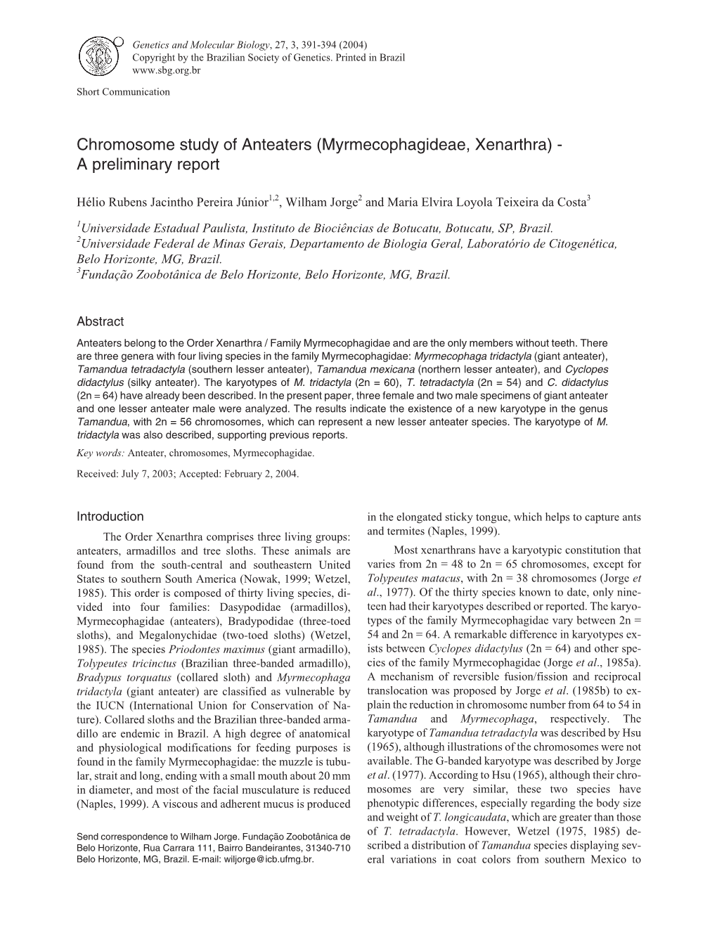 Chromosome Study of Anteaters (Myrmecophagideae, Xenarthra) - a Preliminary Report