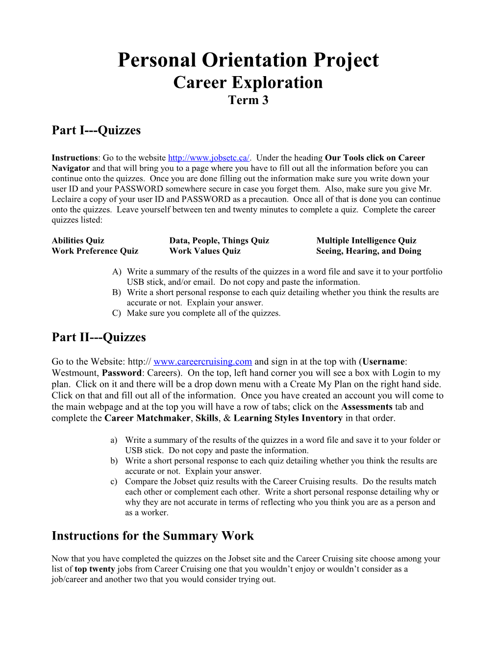 Summary Work on the Career Cruising Website