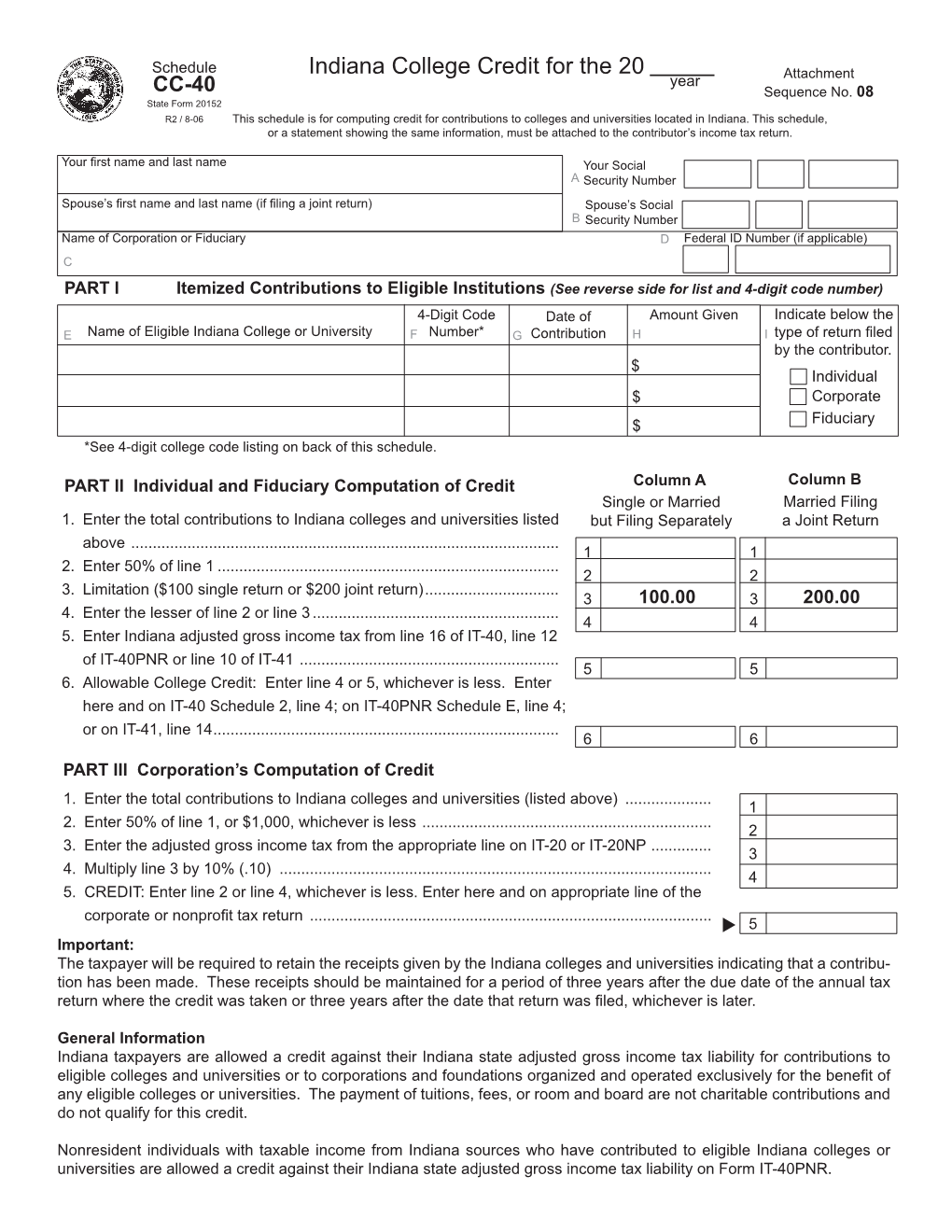 Indiana College Credit for the 20 Year Attachment CC-40 Sequence No