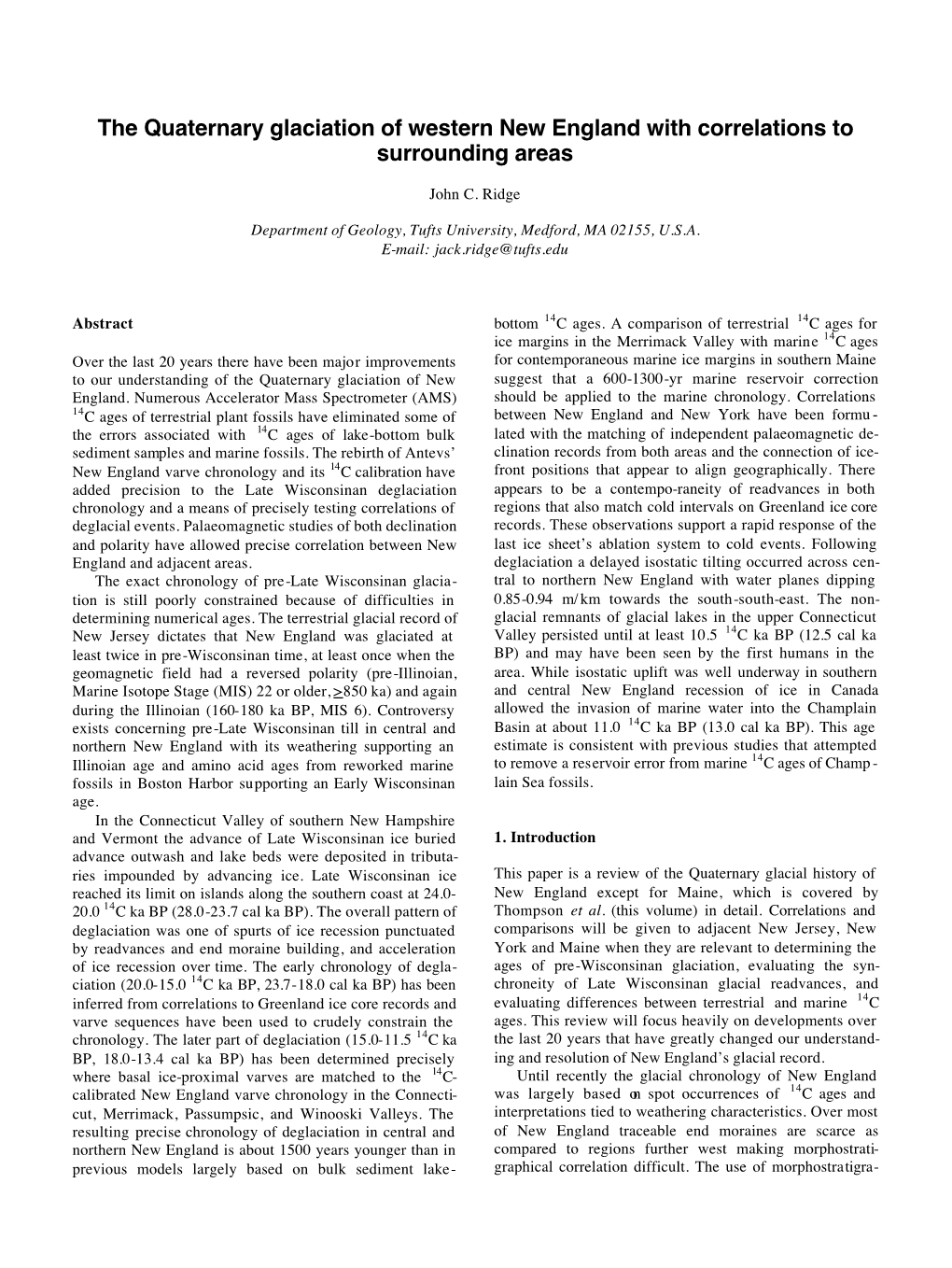 The Quaternary Glaciation of Western New England with Correlations to Surrounding Areas