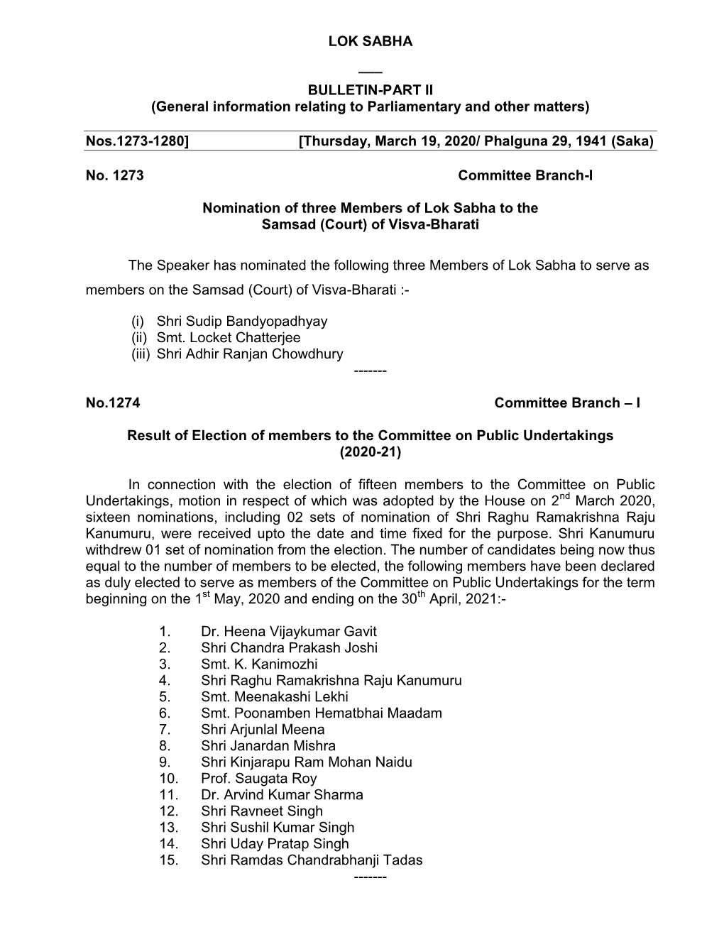 LOK SABHA ___ BULLETIN-PART II (General Information Relating to Parliamentary and Other Matters)