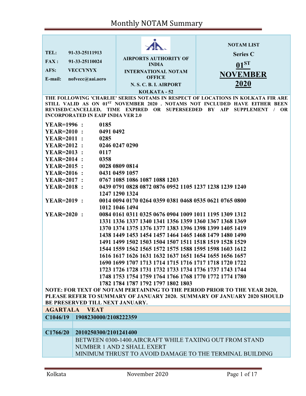 Monthly NOTAM Summary 01ST NOVEMBER 2020