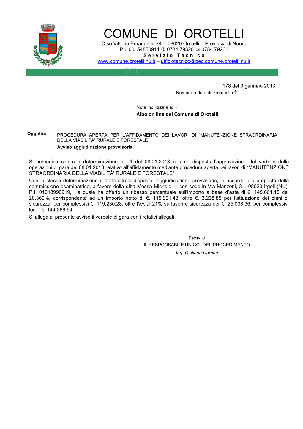 COMUNE DI OROTELLI C.So Vittorio Emanuele, 74 - 08020 Orotelli - Provincia Di Nuoro P.I