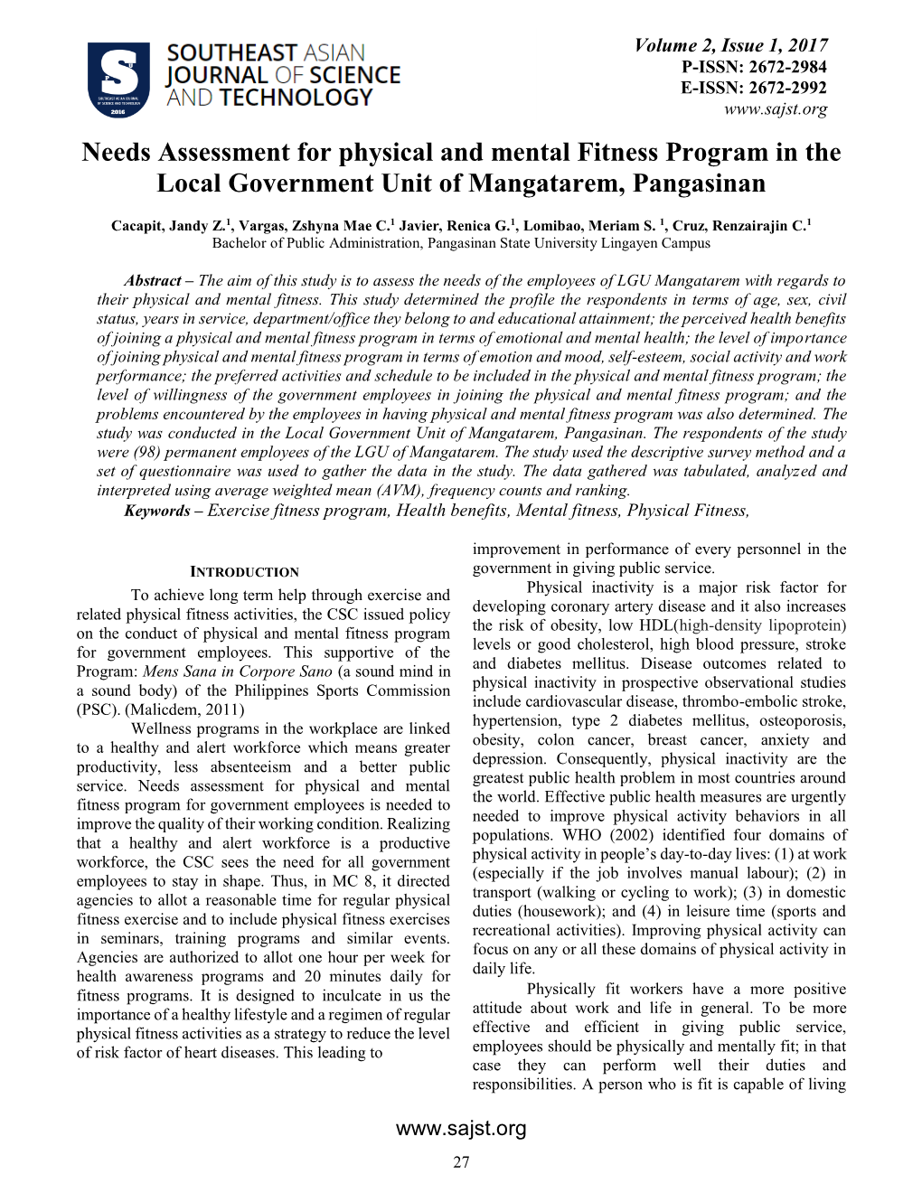 Needs Assessment for Physical and Mental Fitness Program in the Local Government Unit of Mangatarem, Pangasinan