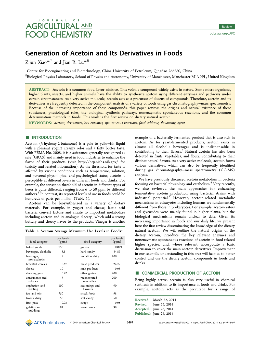 Generation of Acetoin and Its Derivatives in Foods Zijun Xiao*,† and Jian R