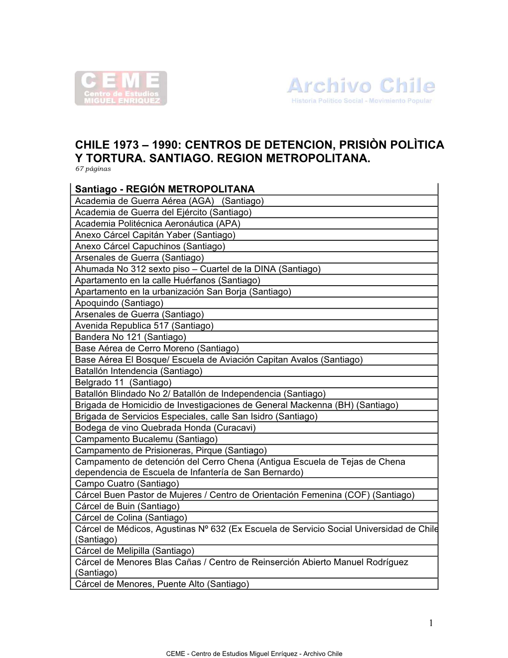 Chile Centros De Detención Prisión Y Tortura Región Metropolitana