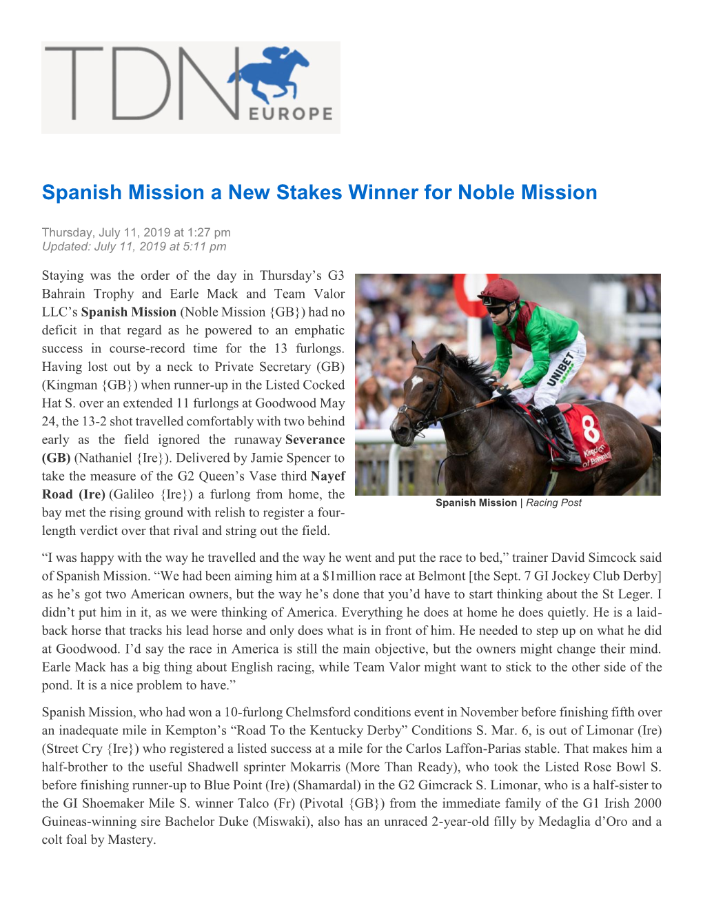 Spanish Mission a New Stakes Winner for Noble Mission