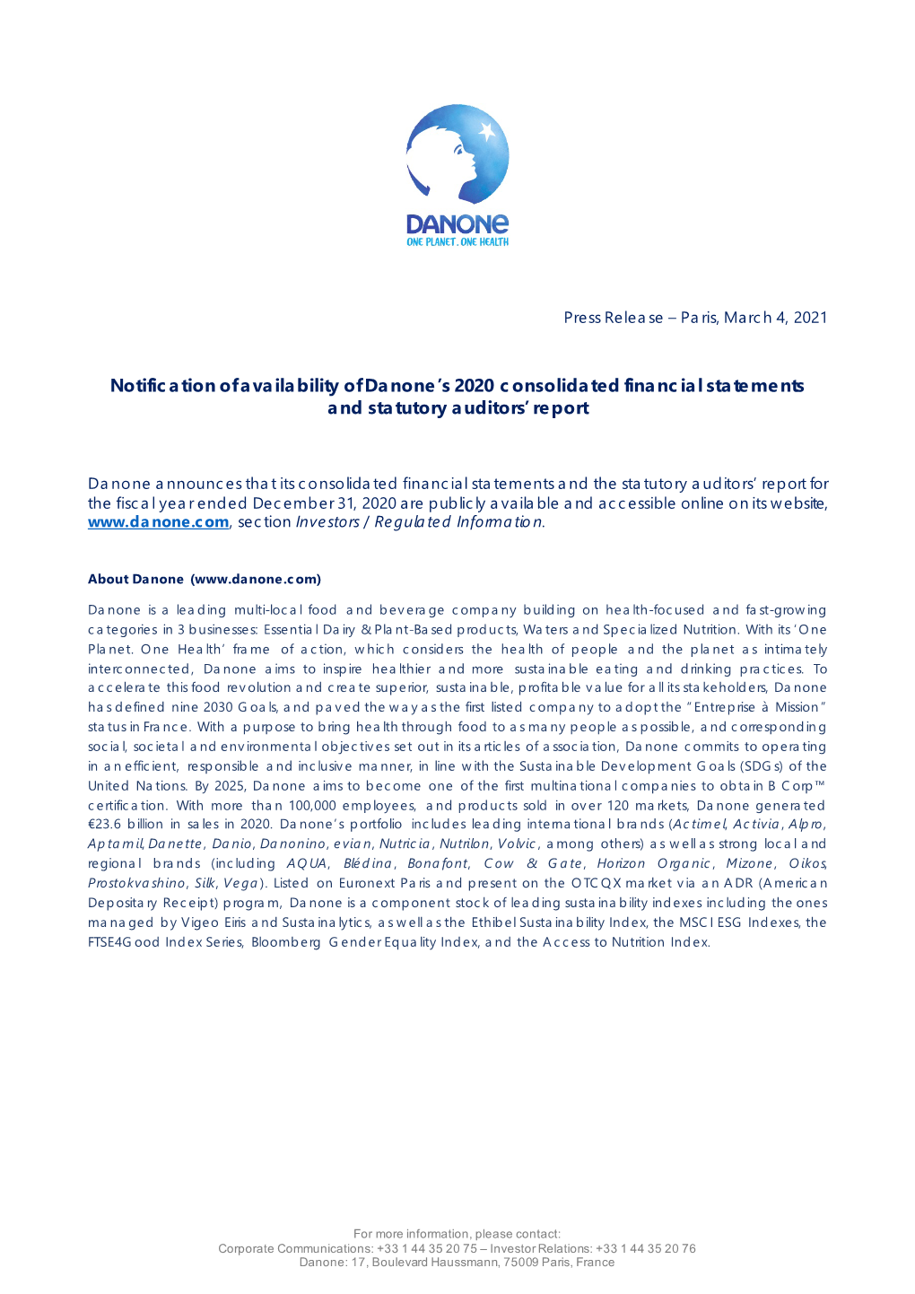 Notification of Availability of Danone's 2020 Consolidated Financial