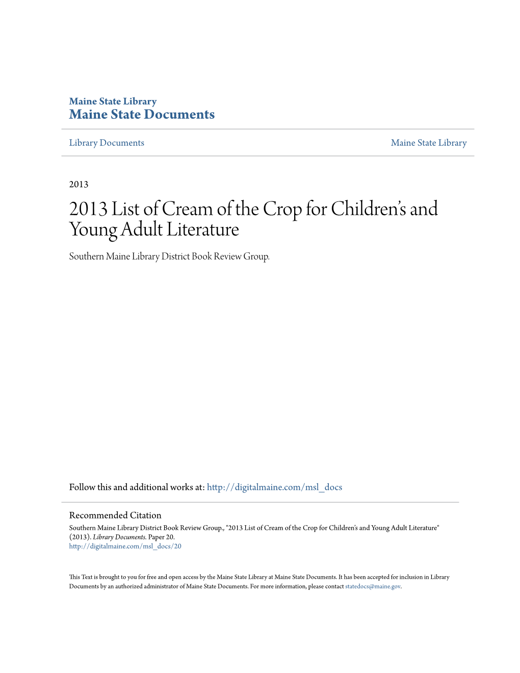 2013 List of Cream of the Crop for Children's and Young Adult Literature