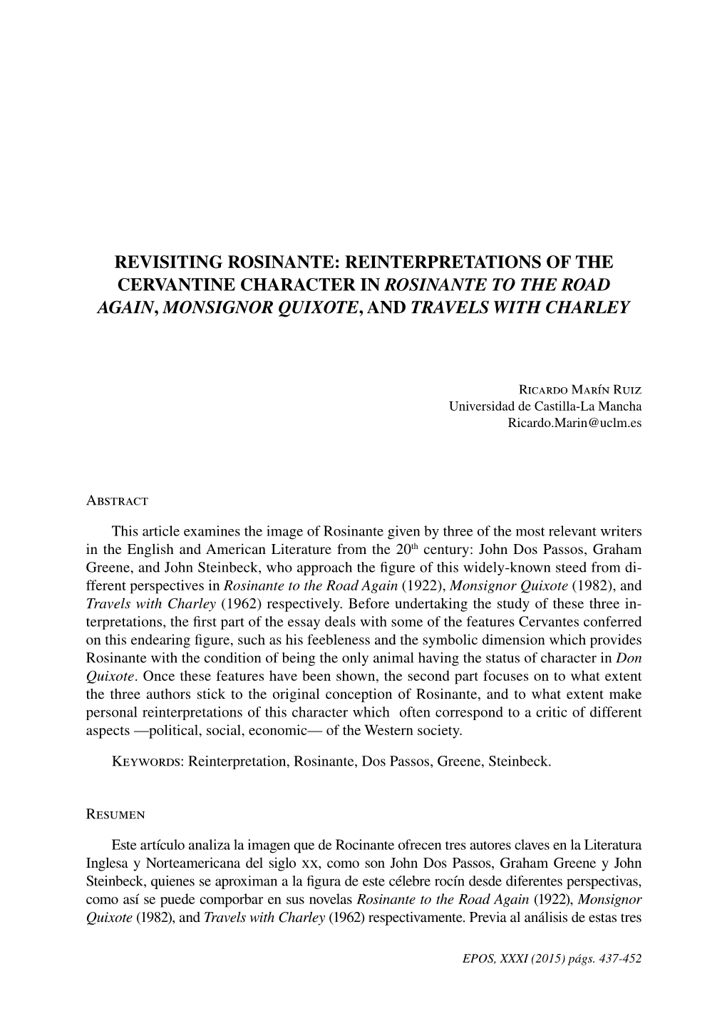 Revisiting Rosinante: Reinterpretations of the Cervantine Character in Rosinante to the Road Again, Monsignor Quixote, and Travels with Charley