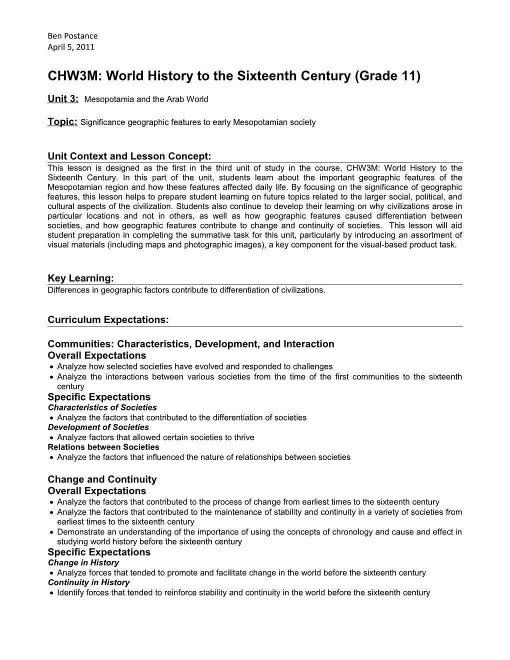 75 Minute Lesson Plan for CHM4E: Adventures in World History- Grade 12 Workplace