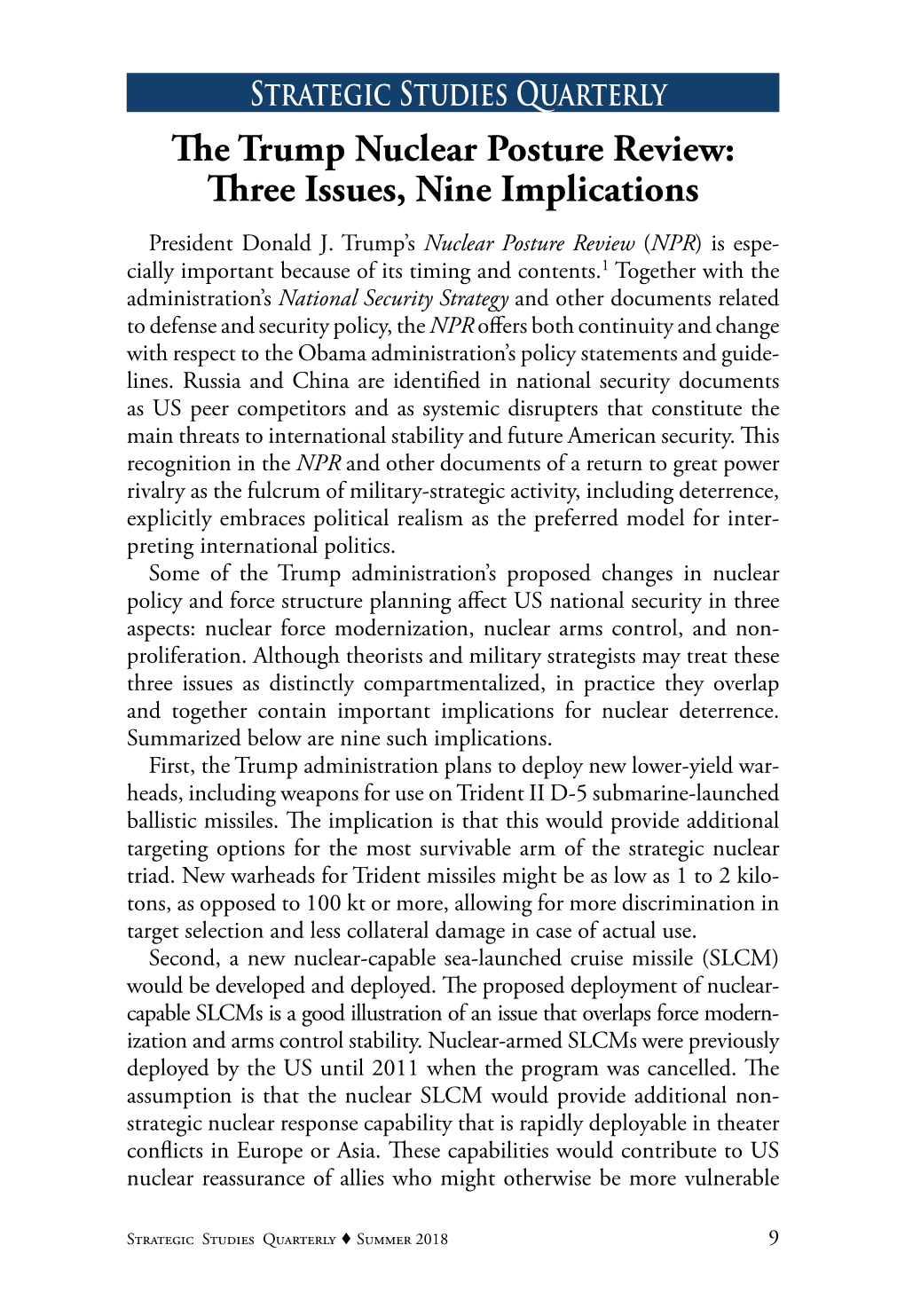The Trump Nuclear Posture Review: Three Issues, Nine Implications President Donald J
