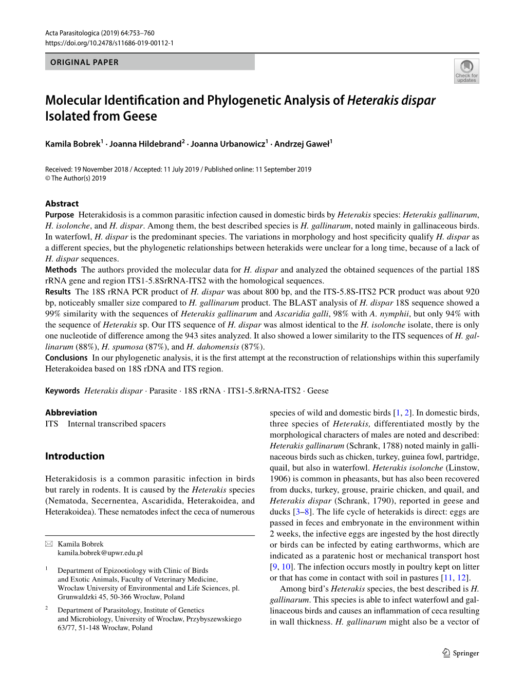 Molecular Identification and Phylogenetic Analysis of Heterakis