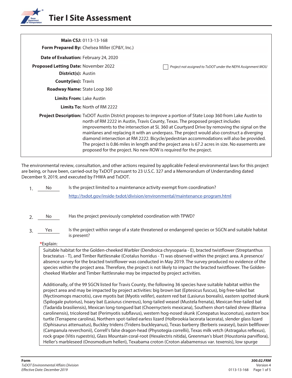 Tier I Site Assessment Form