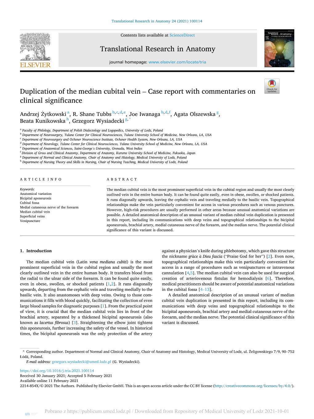 Duplication of the Median Cubital Vein – Case Report with Commentaries on Clinical Significance