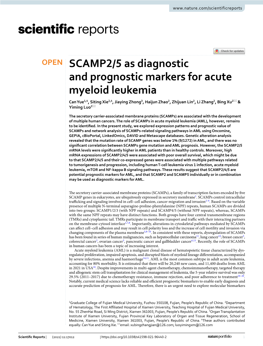SCAMP2/5 As Diagnostic and Prognostic Markers for Acute