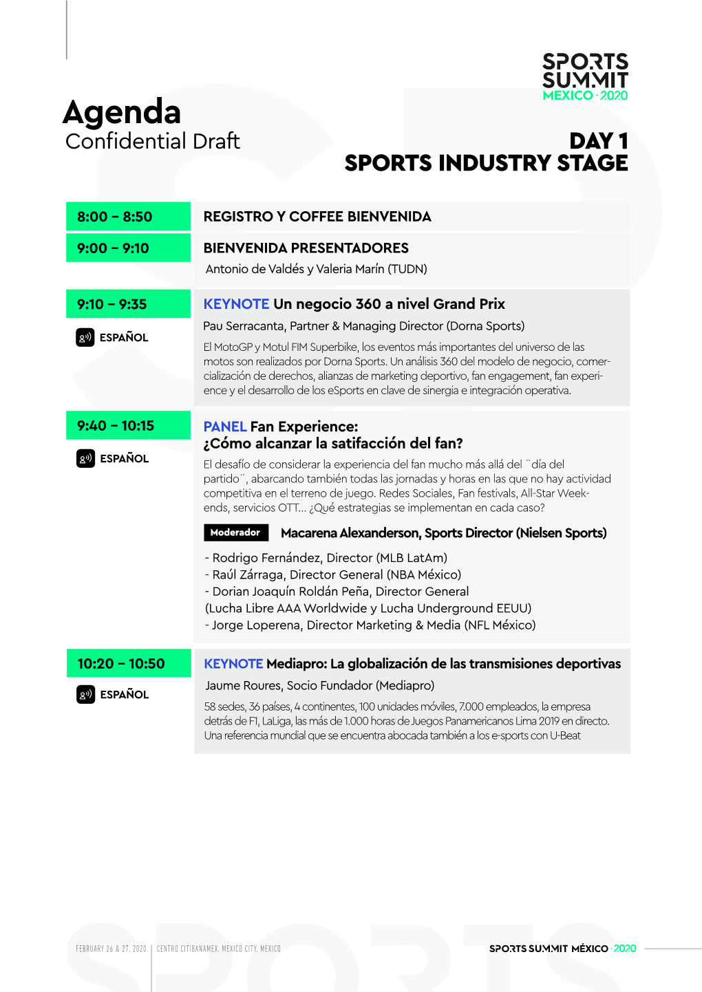 Agenda Conﬁdential Draft DAY 1 SPORTS INDUSTRY STAGE