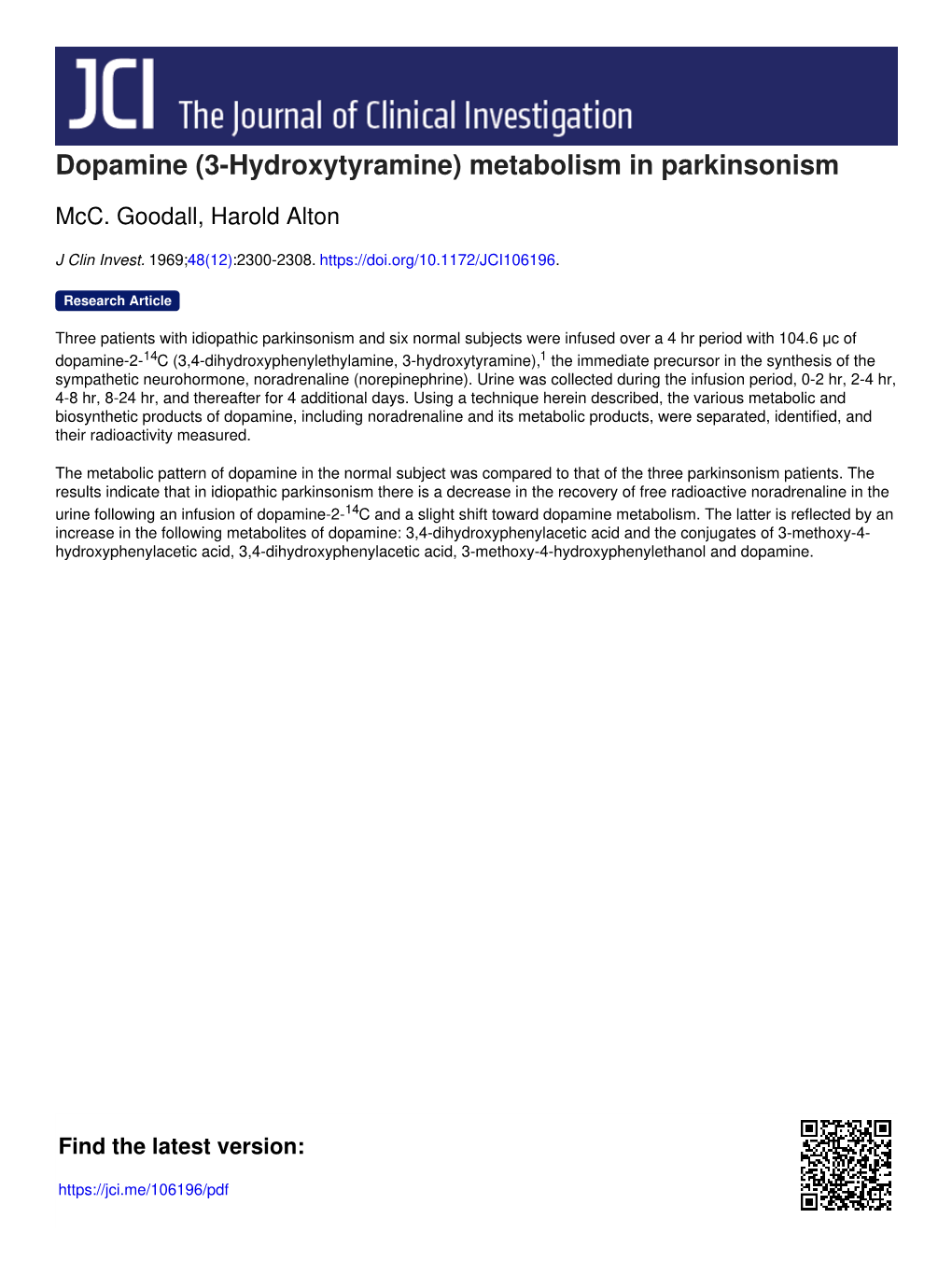 Dopamine (3-Hydroxytyramine) Metabolism in Parkinsonism