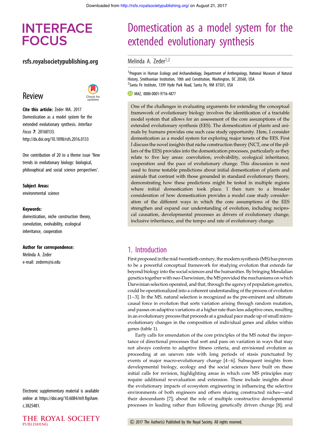 Domestication As a Model System for the Extended Evolutionary Synthesis Rsfs.Royalsocietypublishing.Org Melinda A