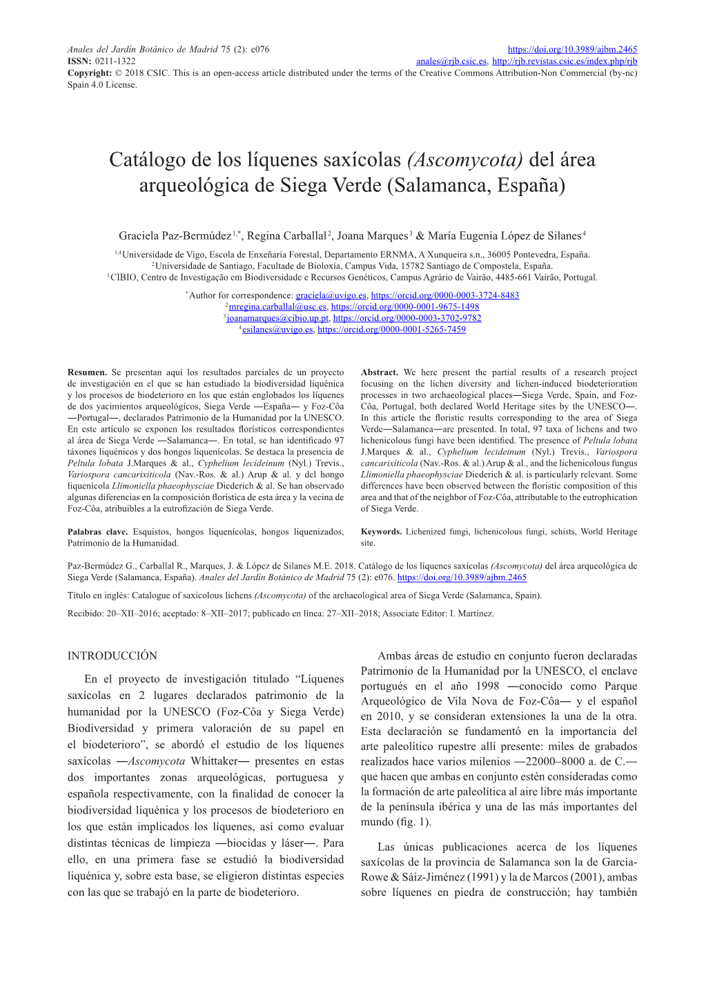 Catalogue of Saxicolous Lichens (Ascomycota) of the Archaeological Area of Siega Verde (Salamanca, Spain)