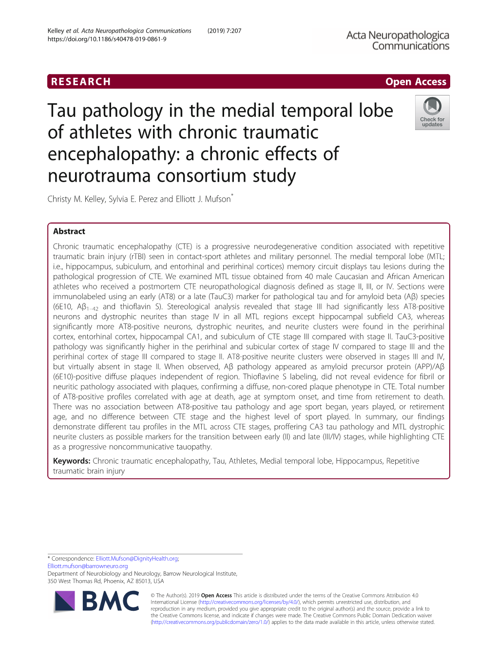 Tau Pathology in the Medial Temporal Lobe of Athletes with Chronic Traumatic Encephalopathy: a Chronic Effects of Neurotrauma Consortium Study Christy M