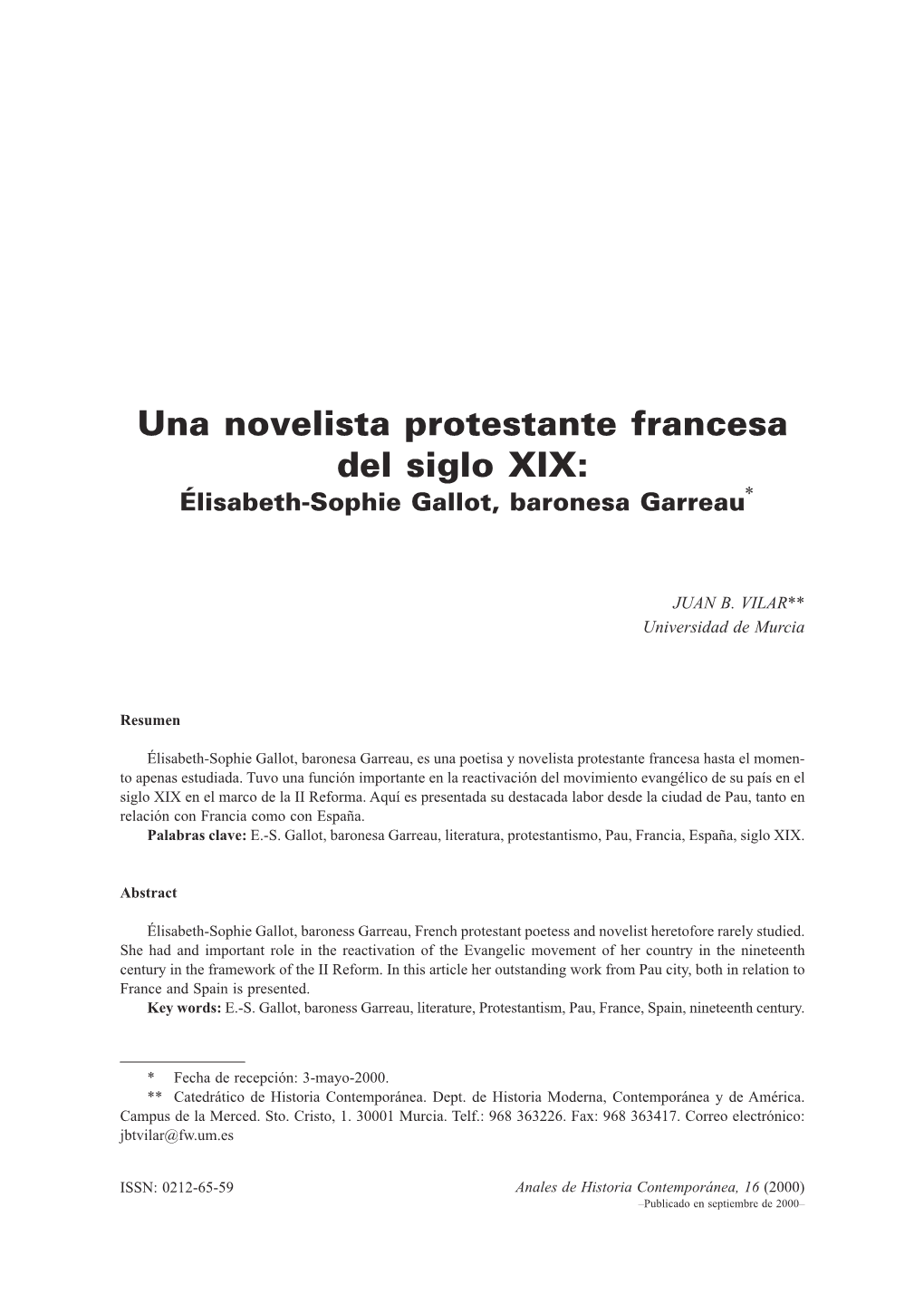 Una Novelista Protestante Francesa Del Siglo XIX: Élisabeth-Sophie Gallot, Baronesa Garreau*