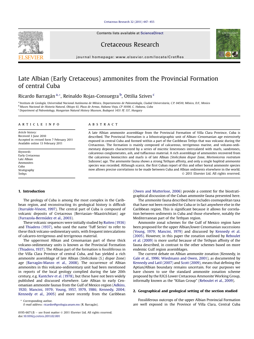 Late Albian (Early Cretaceous) Ammonites from the Provincial Formation of Central Cuba