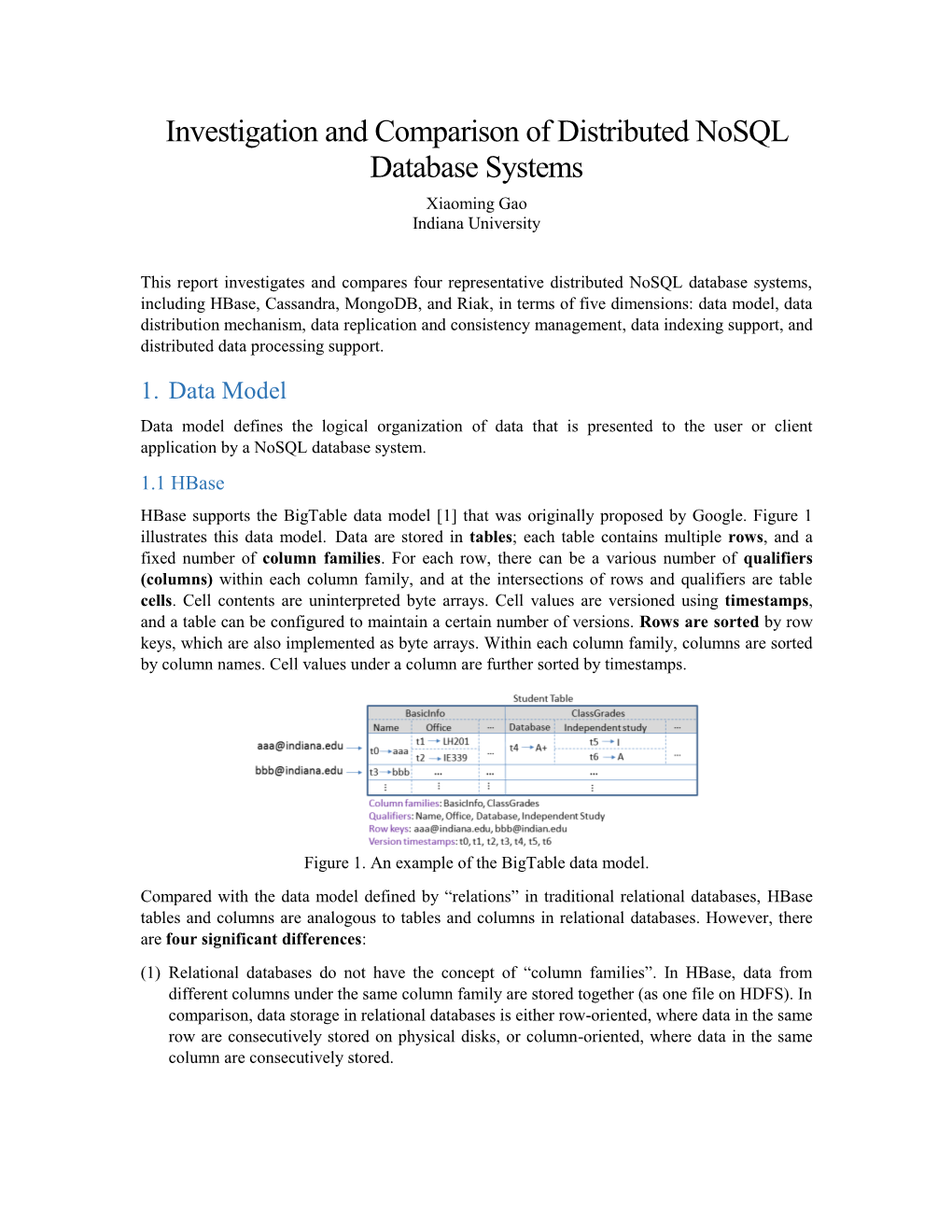 Investigation and Comparison of Distributed Nosql Database Systems Xiaoming Gao Indiana University