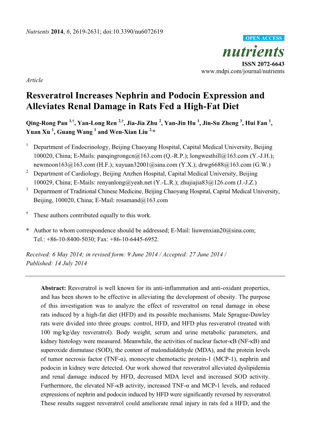 Resveratrol Increases Nephrin and Podocin Expression and Alleviates Renal Damage in Rats Fed a High-Fat Diet