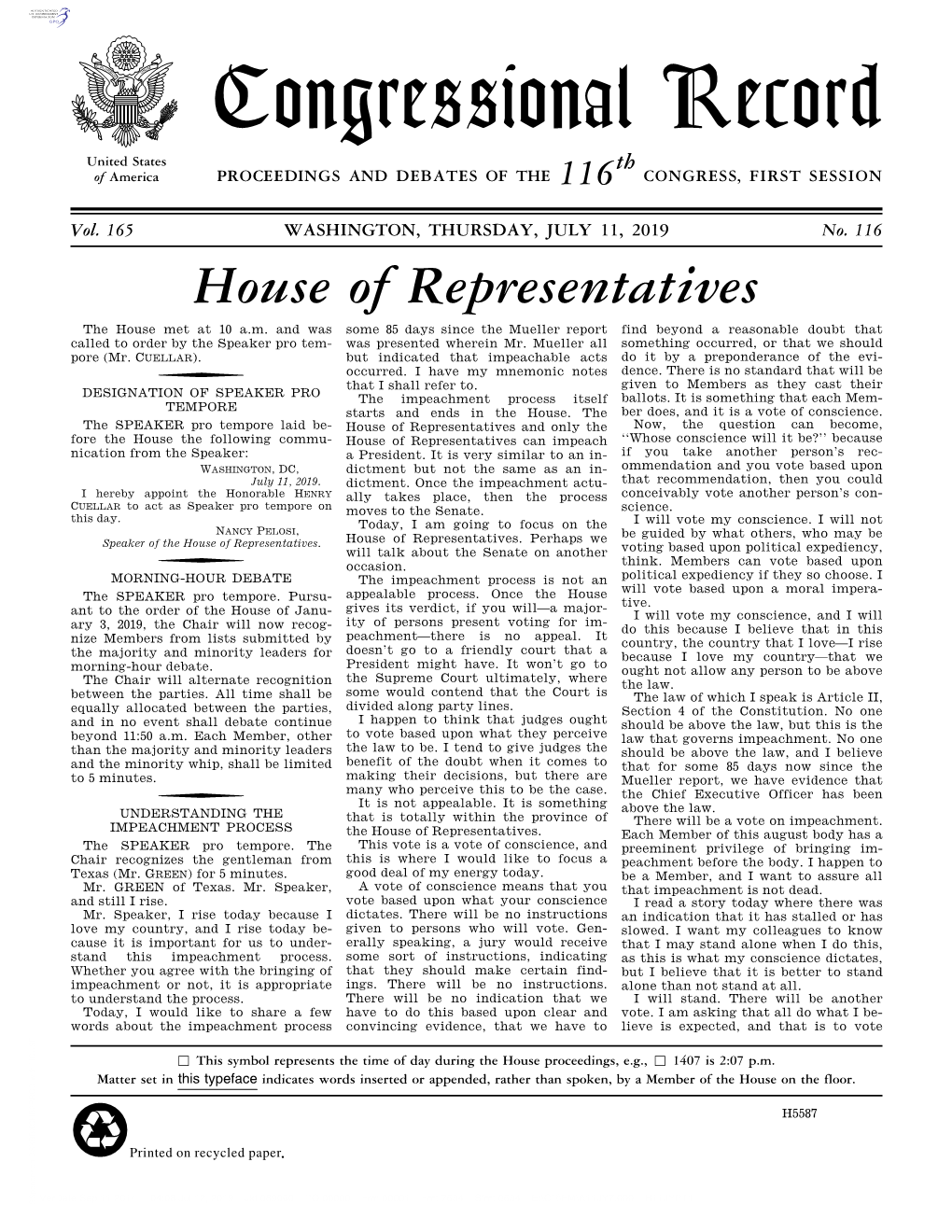 Congressional Record United States Th of America PROCEEDINGS and DEBATES of the 116 CONGRESS, FIRST SESSION