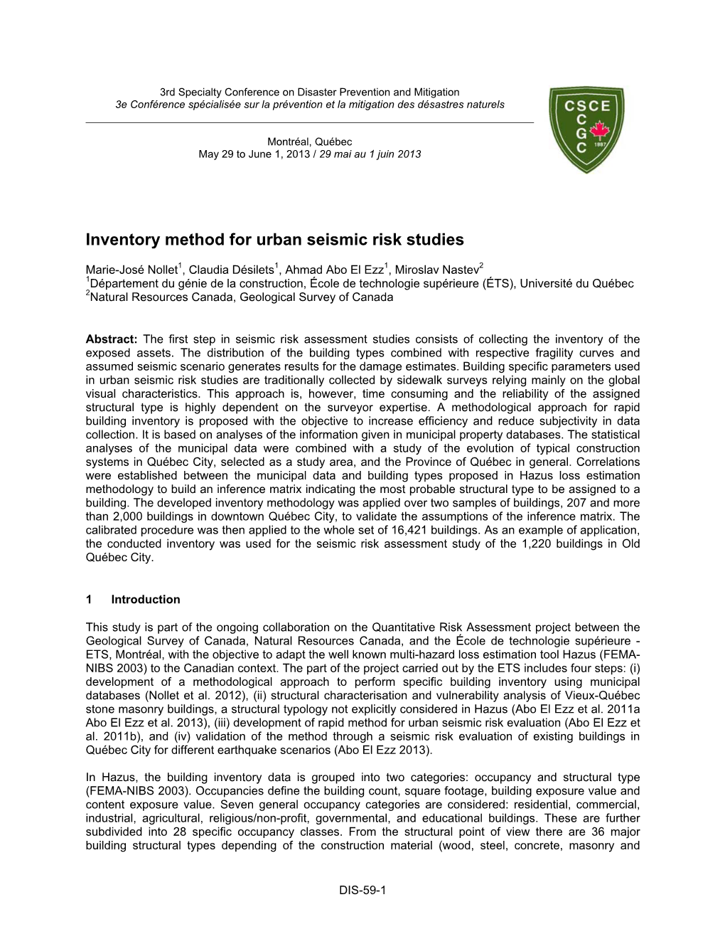 Inventory Method for Urban Seismic Risk Studies