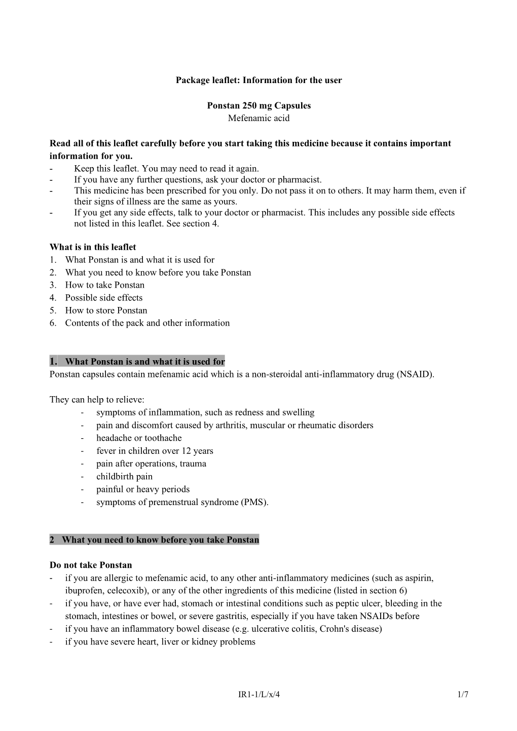 Information for the User Ponstan 250 Mg Capsules Mefenamic Acid Read All of This Leaflet Carefully Before You S