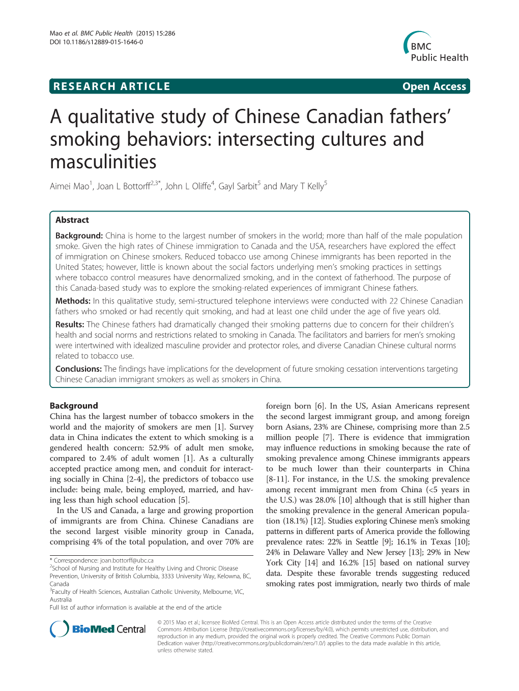 A Qualitative Study of Chinese Canadian Fathersł Smoking Behaviors