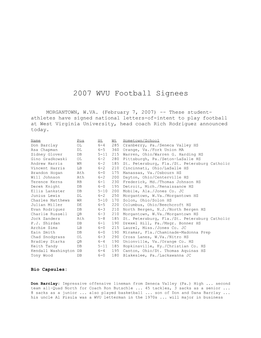 2007 WVU Football Signees