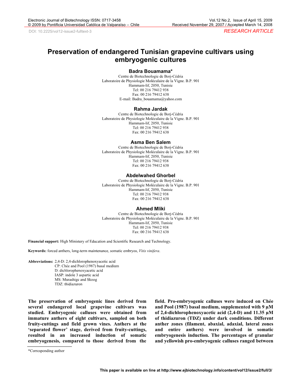 Preservation of Endangered Tunisian Grapevine Cultivars Using Embryogenic Cultures