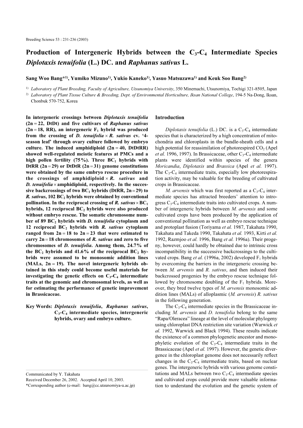 Production of Intergeneric Hybrids Between the C3-C4 Intermediate Species Diplotaxis Tenuifolia (L.) DC