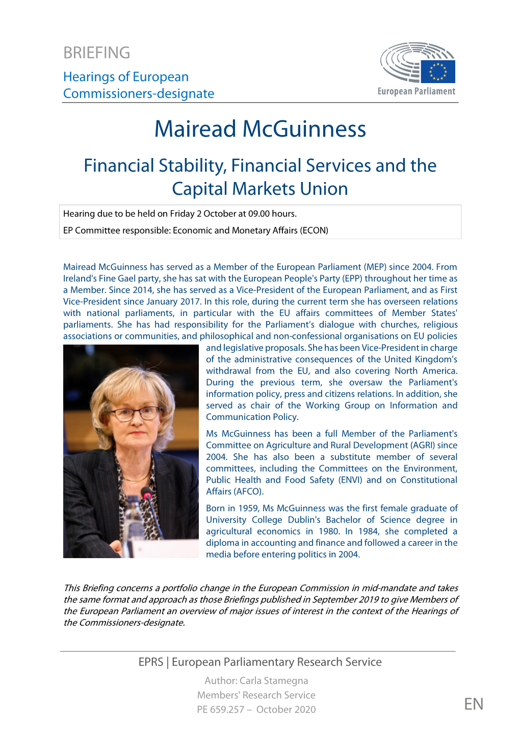 Mairead Mcguinness Financial Stability, Financial Services and the Capital Markets Union