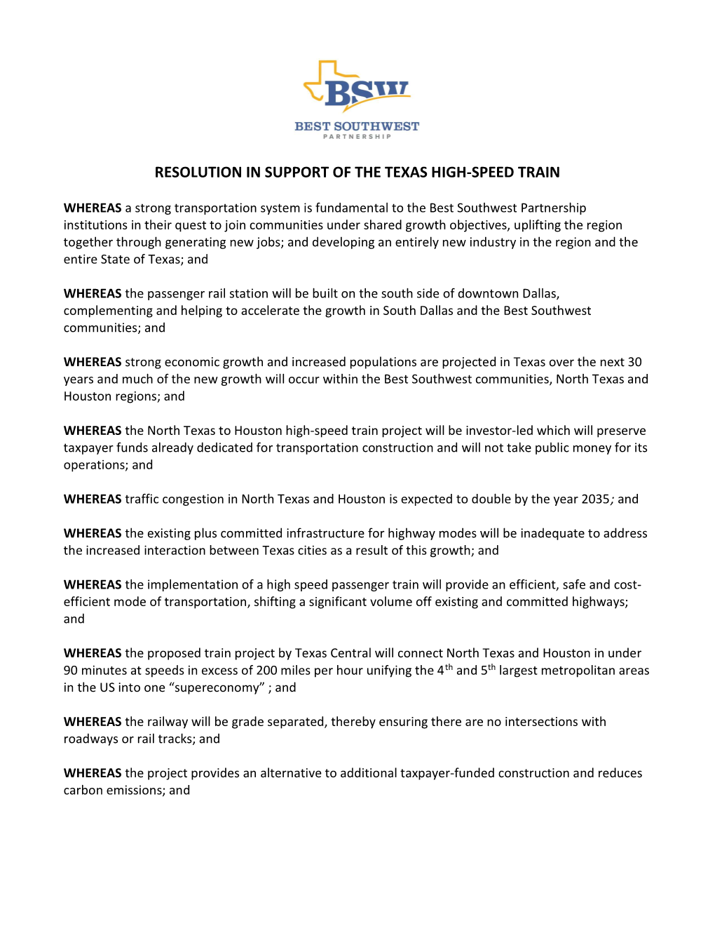 Resolution in Support of the Texas High-Speed Train