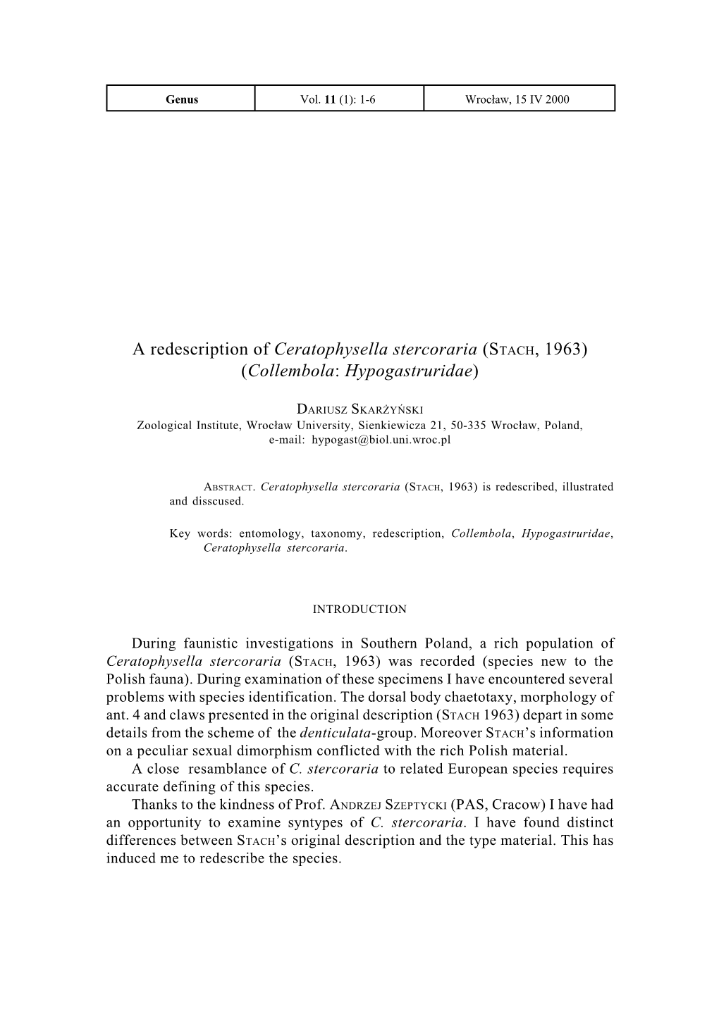 A Redescription of Ceratophysella Stercoraria (STACH, 1963) (Collembola: Hypogastruridae)